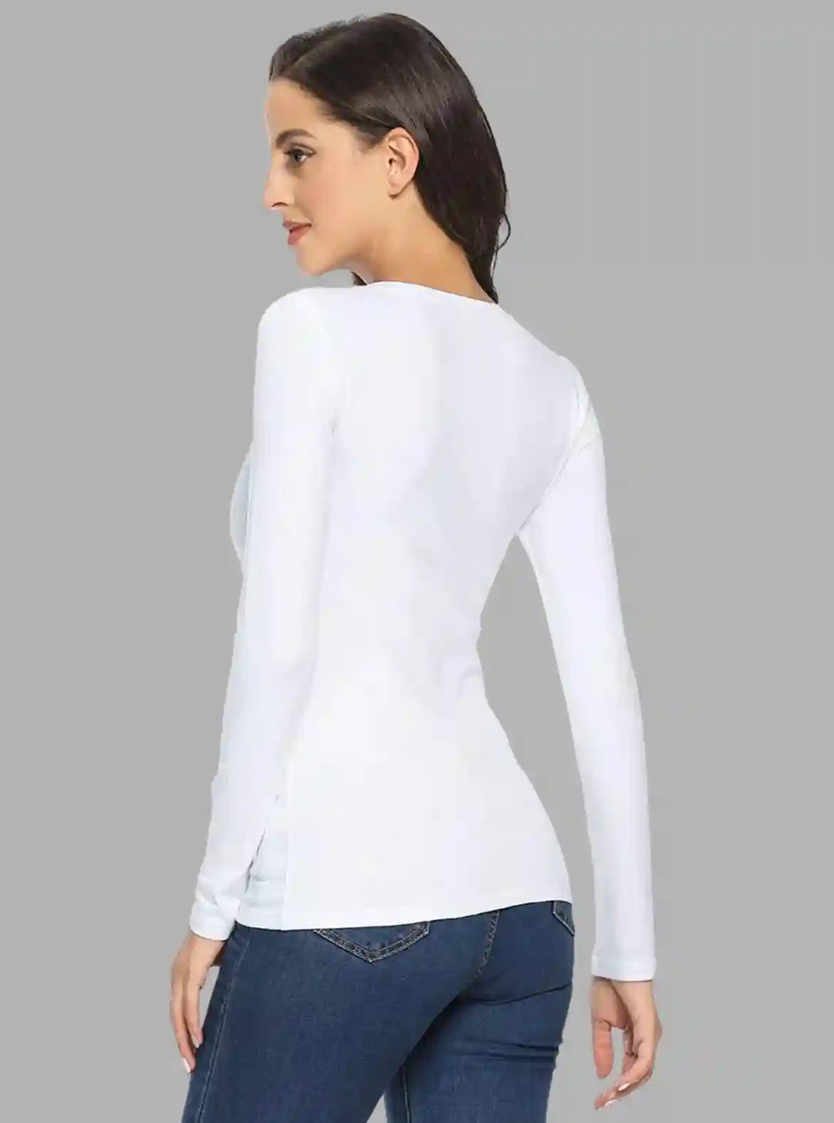 Women's White Crew Neck Holiday Print Long Sleeve Cotton Jersey T-Shirt by Boer and Fitch