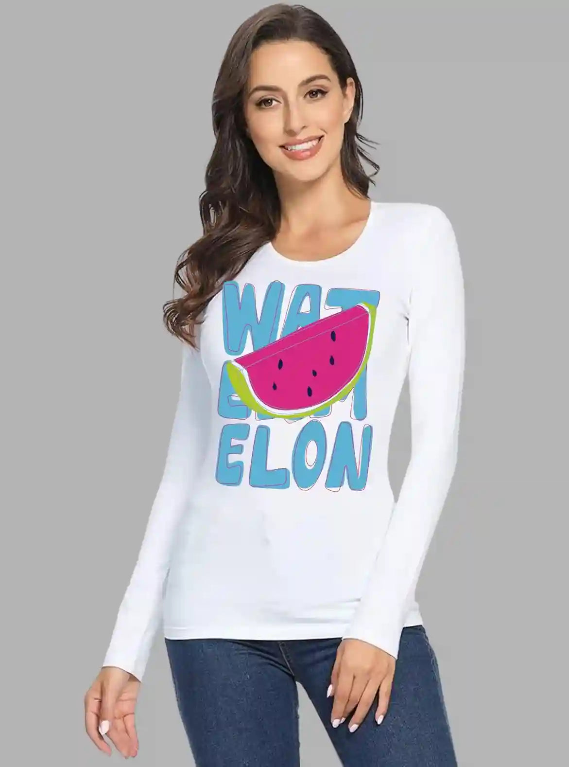 Women's White Crew Neck Holiday Print Long Sleeve Cotton Jersey T-Shirt by Boer and Fitch