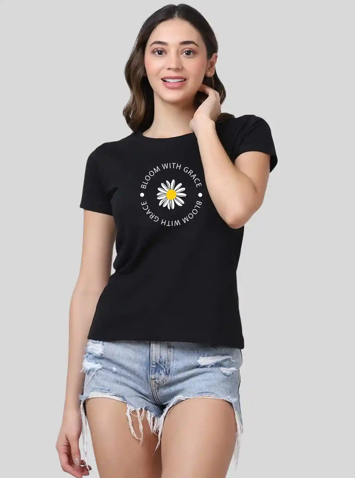 Women's Black Crew Neck "Bloom with Grace" Print Cotton Jersey Short Sleeve T-Shirt by Boer and Fitch | Buy Online at  Boer and Fitch