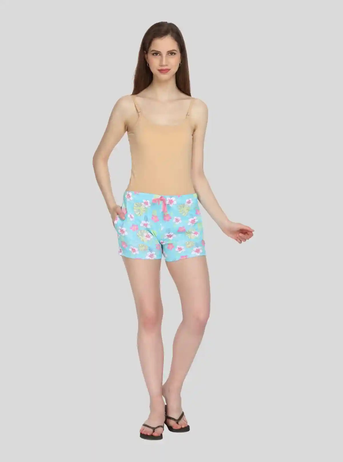 Women’s Light Blue Floral Cotton Jersey Shorts – Soft, Fresh & Feminine Fit | Buy Online at  Boer and Fitch