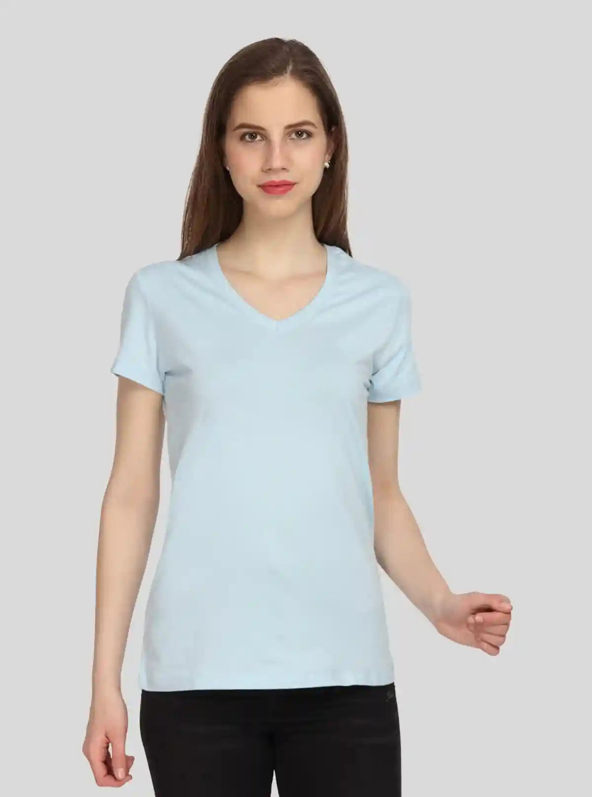 Women's Light Blue V-Neck T-Shirt in 100% Cotton Jersey Fabric | Buy Online at  Boer and Fitch