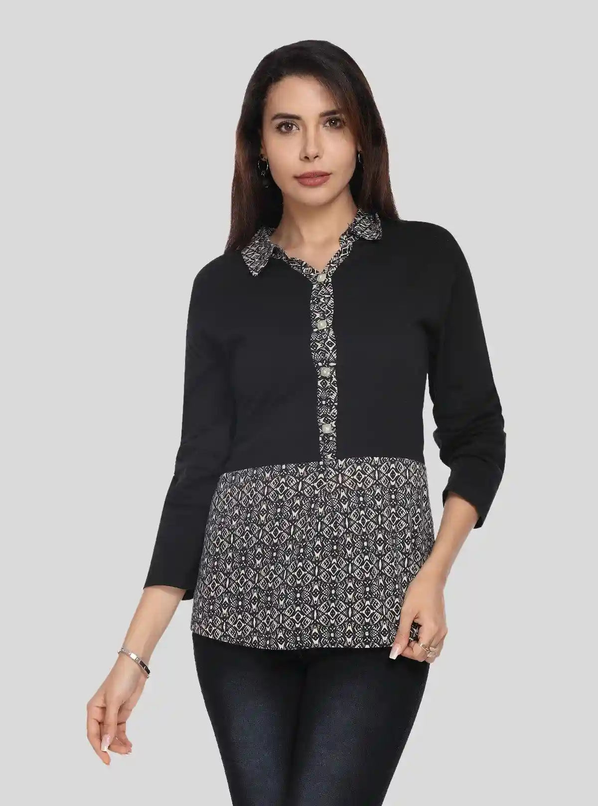 Women's Beige All Over Print Collared Neck Cotton Jersey Top with Long Sleeves | Boer & Fitch | Buy Online at  Boer and Fitch