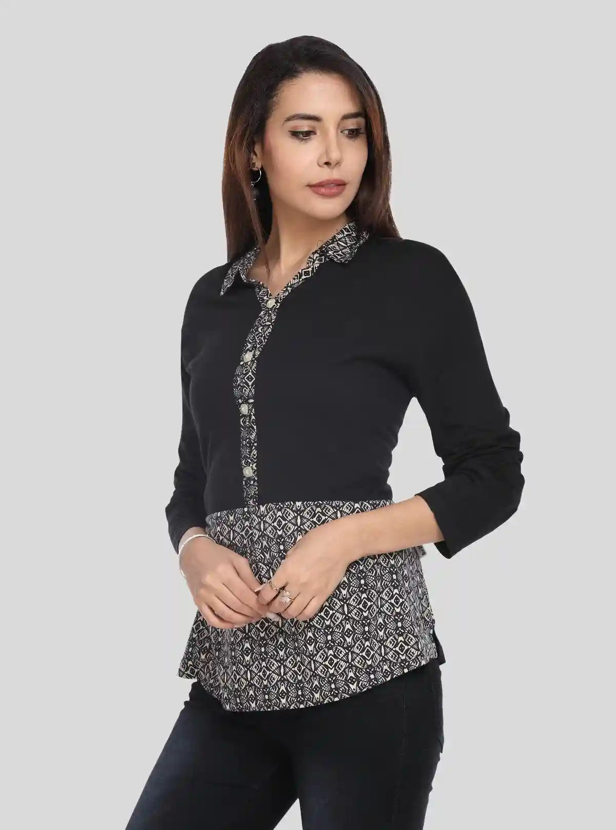 Women's Beige All Over Print Collared Neck Cotton Jersey Top with Long Sleeves | Boer & Fitch | Buy Online at  Boer and Fitch
