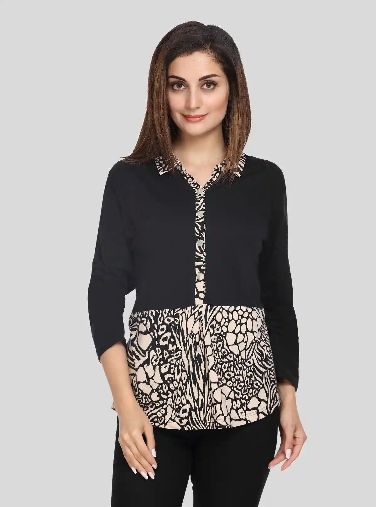 Women's Black with Beige Spread Print Top – Elegant Contrast Style by Boer & Fitch | Buy Online at  Boer and Fitch