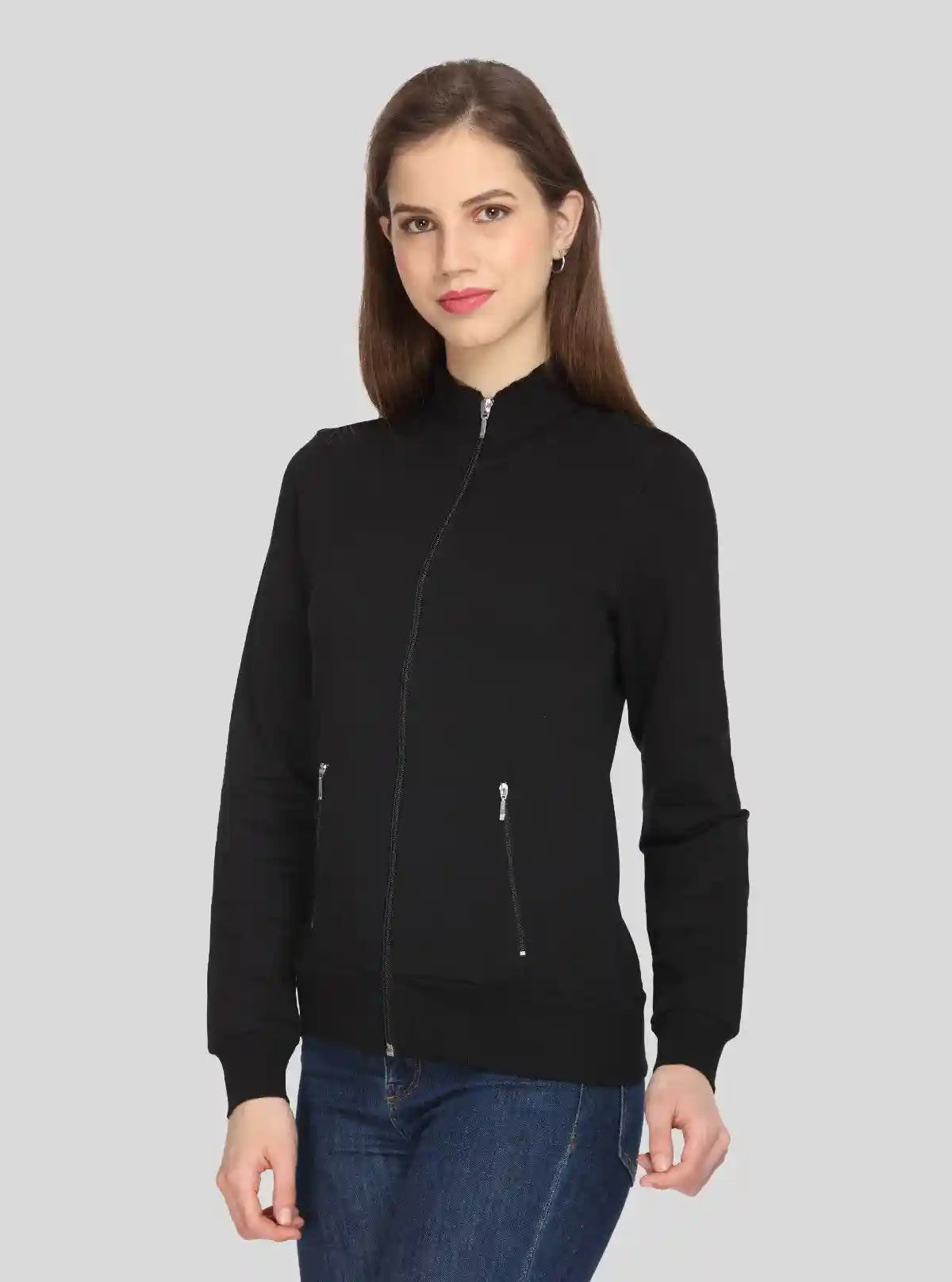 Women’s Black Zipper Sweatshirt in Cotton Fleece with Full Sleeves | Buy Online at  Boer and Fitch