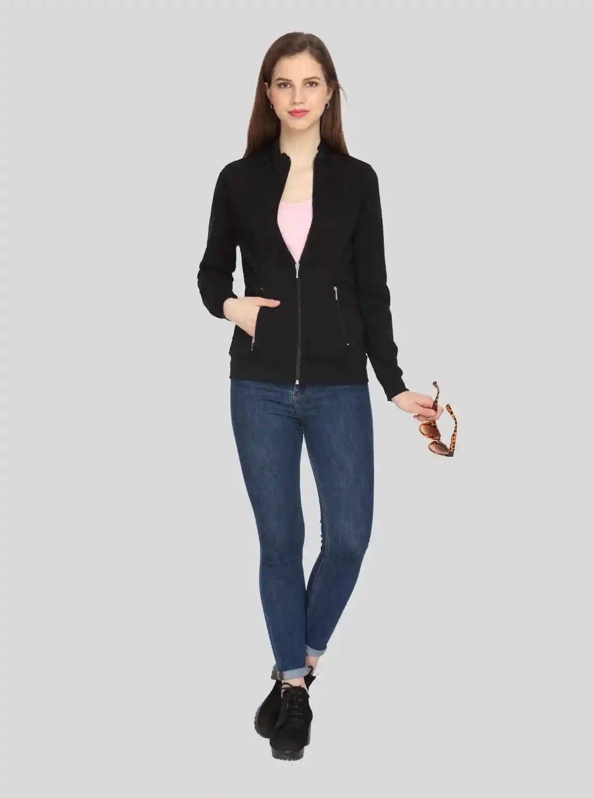 Women’s Black Zipper Sweatshirt in Cotton Fleece with Full Sleeves | Buy Online at  Boer and Fitch