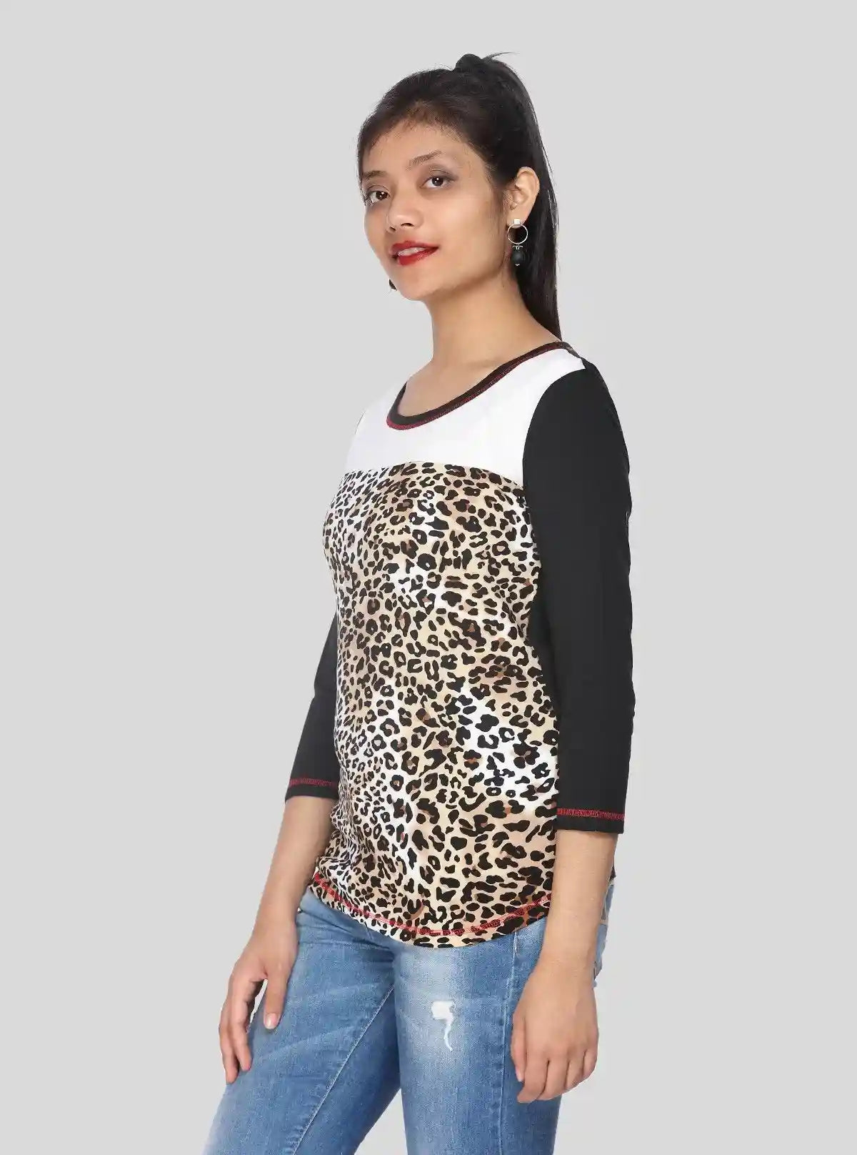 Women’s Animal Print Round Neck Top with 3/4th Sleeves in Cotton Jersey | Boer & Fitch | Buy Online at  Boer and Fitch