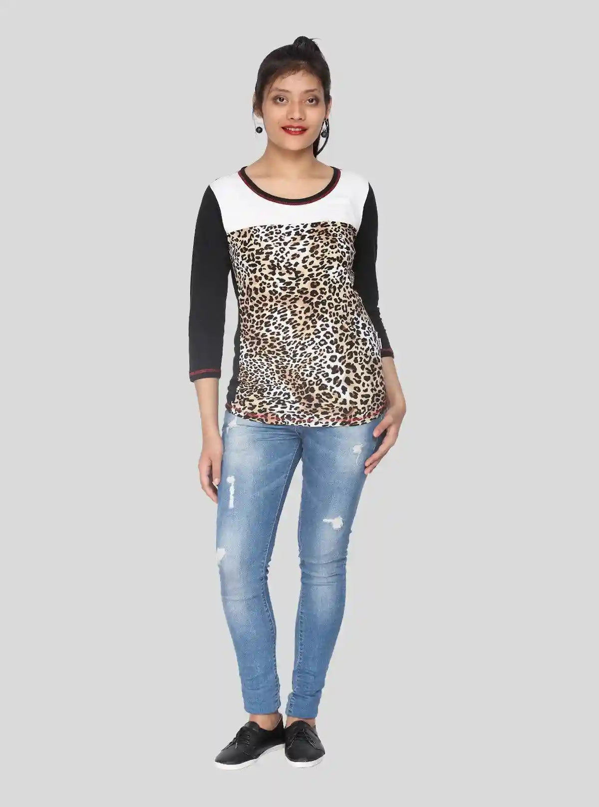 Women’s Animal Print Round Neck Top with 3/4th Sleeves in Cotton Jersey | Boer & Fitch | Buy Online at  Boer and Fitch