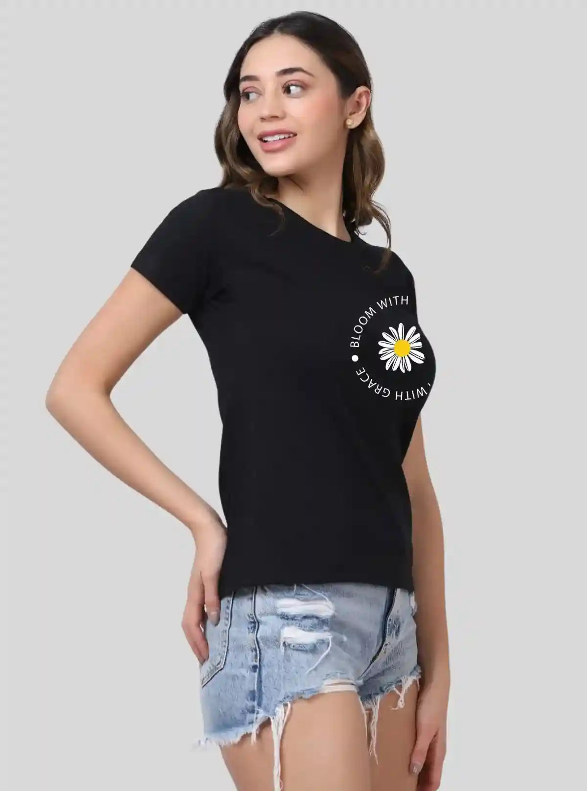Women's Black Crew Neck "Bloom with Grace" Print Cotton Jersey Short Sleeve T-Shirt by Boer and Fitch | Buy Online at  Boer and Fitch