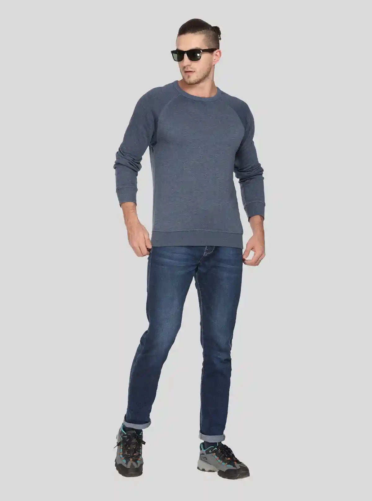 Men’s Blue Melange V-Cut Fleece Sweatshirt – Smart, Soft & Versatile | Buy Online at  Boer and Fitch