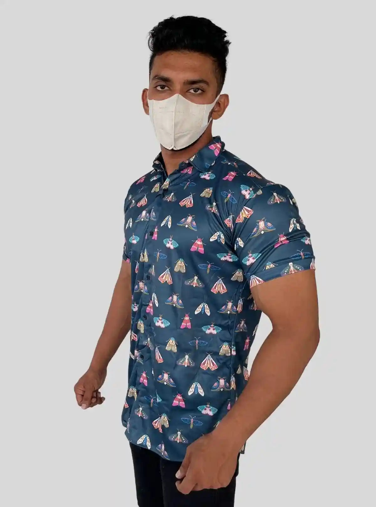 Men’s Navy Butterfly Printed Poly Shirt – Stylish Casual Slim Fit by Boer & Fitch | Buy Online at  Boer and Fitch