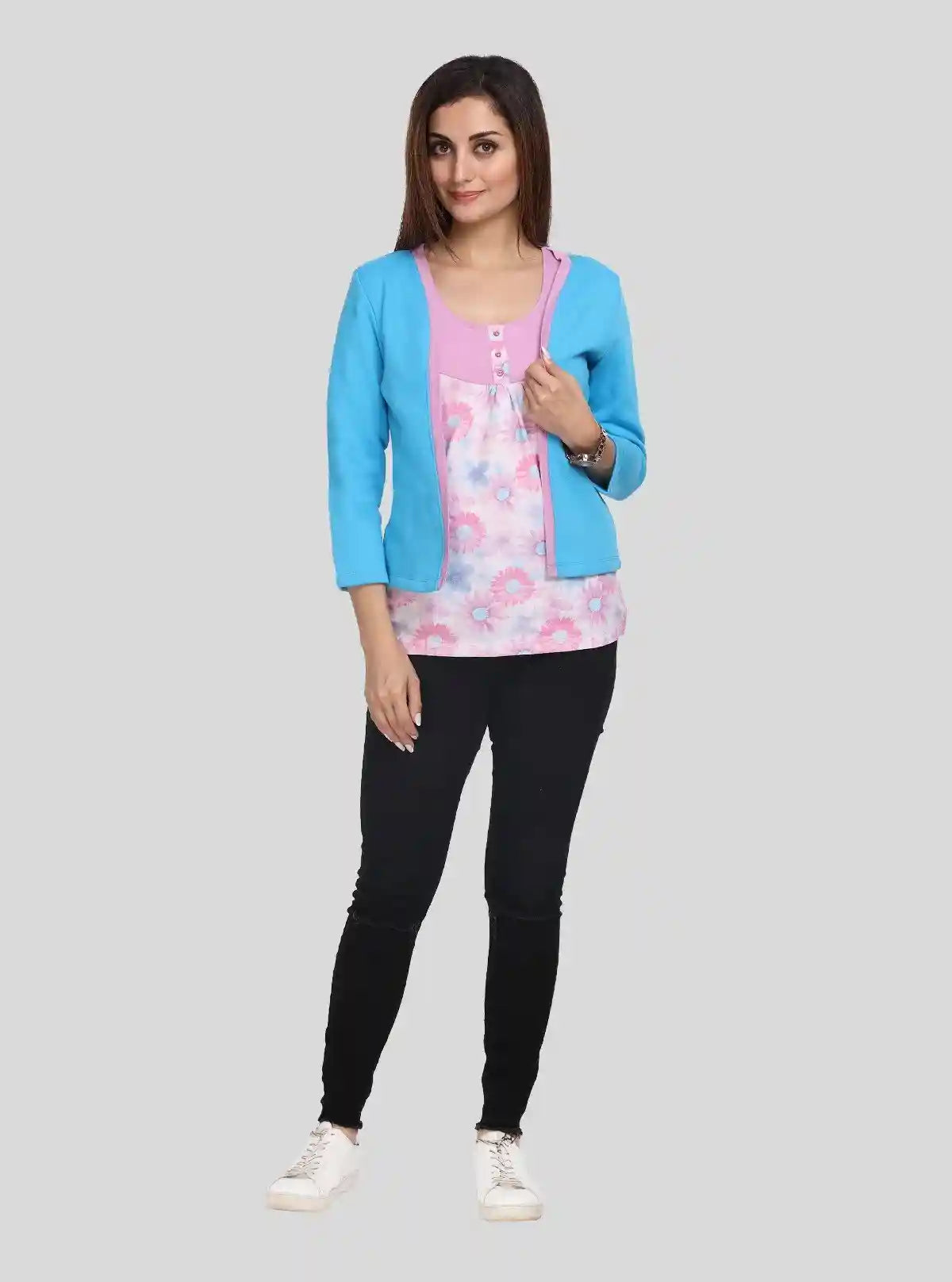 Women's Sky Blue Cotton Shrug with Pink Floral Top – Boer and Fitch | Buy Online at  Boer and Fitch