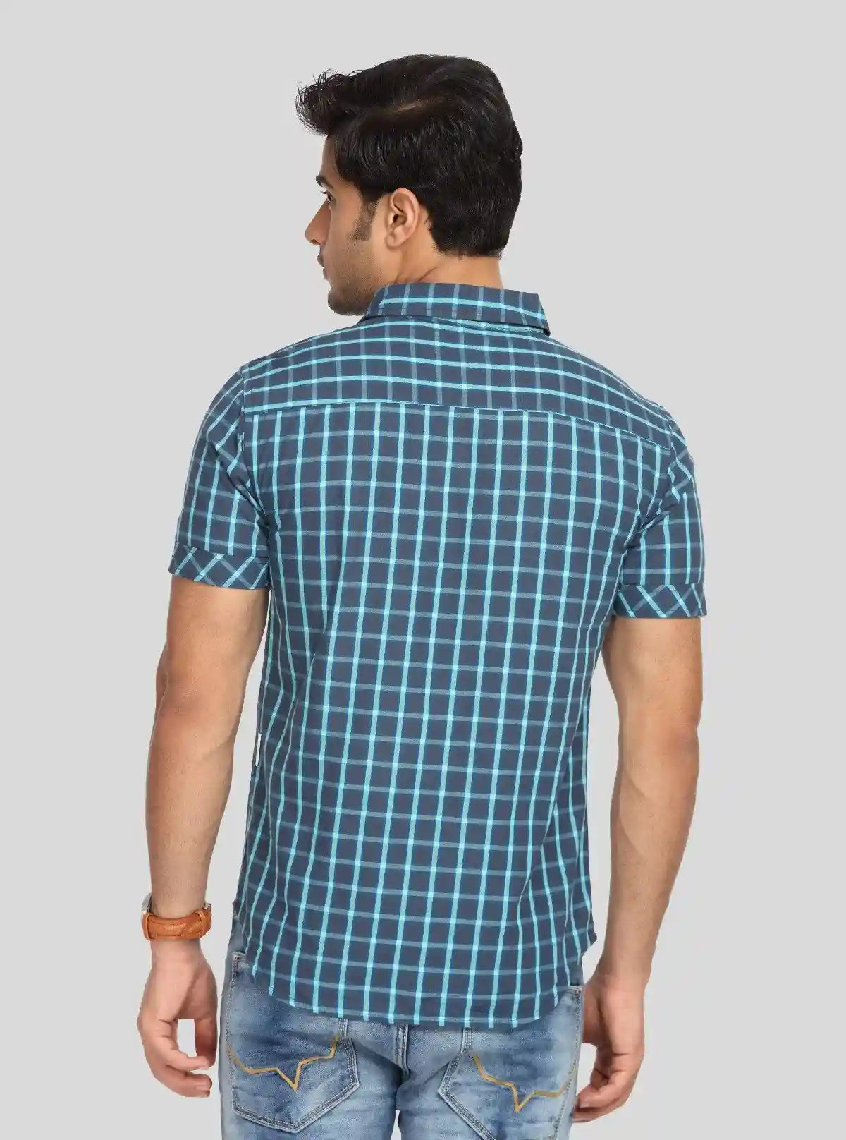 Men’s Indigo Casual Checked Half Sleeve Shirt – Effortless Style for Everyday Wear | Buy Online at  Boer and Fitch