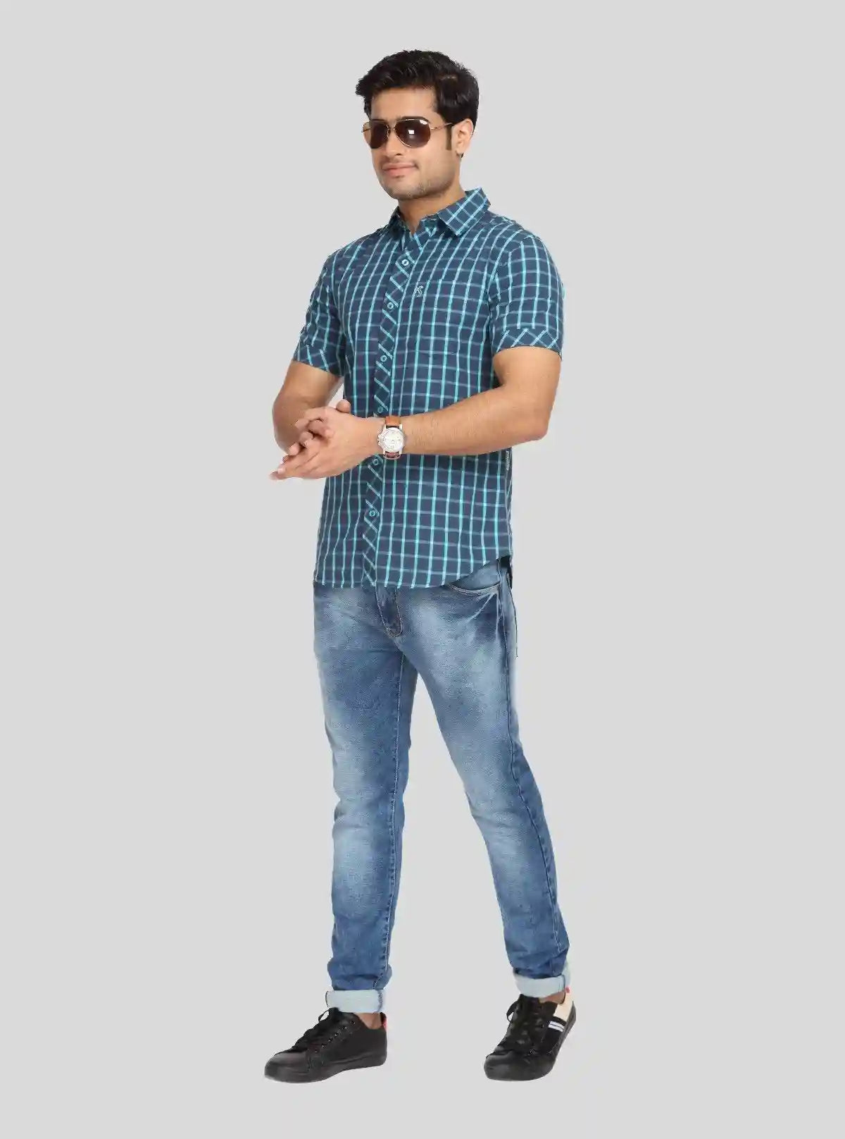 Men’s Indigo Casual Checked Half Sleeve Shirt – Effortless Style for Everyday Wear | Buy Online at  Boer and Fitch