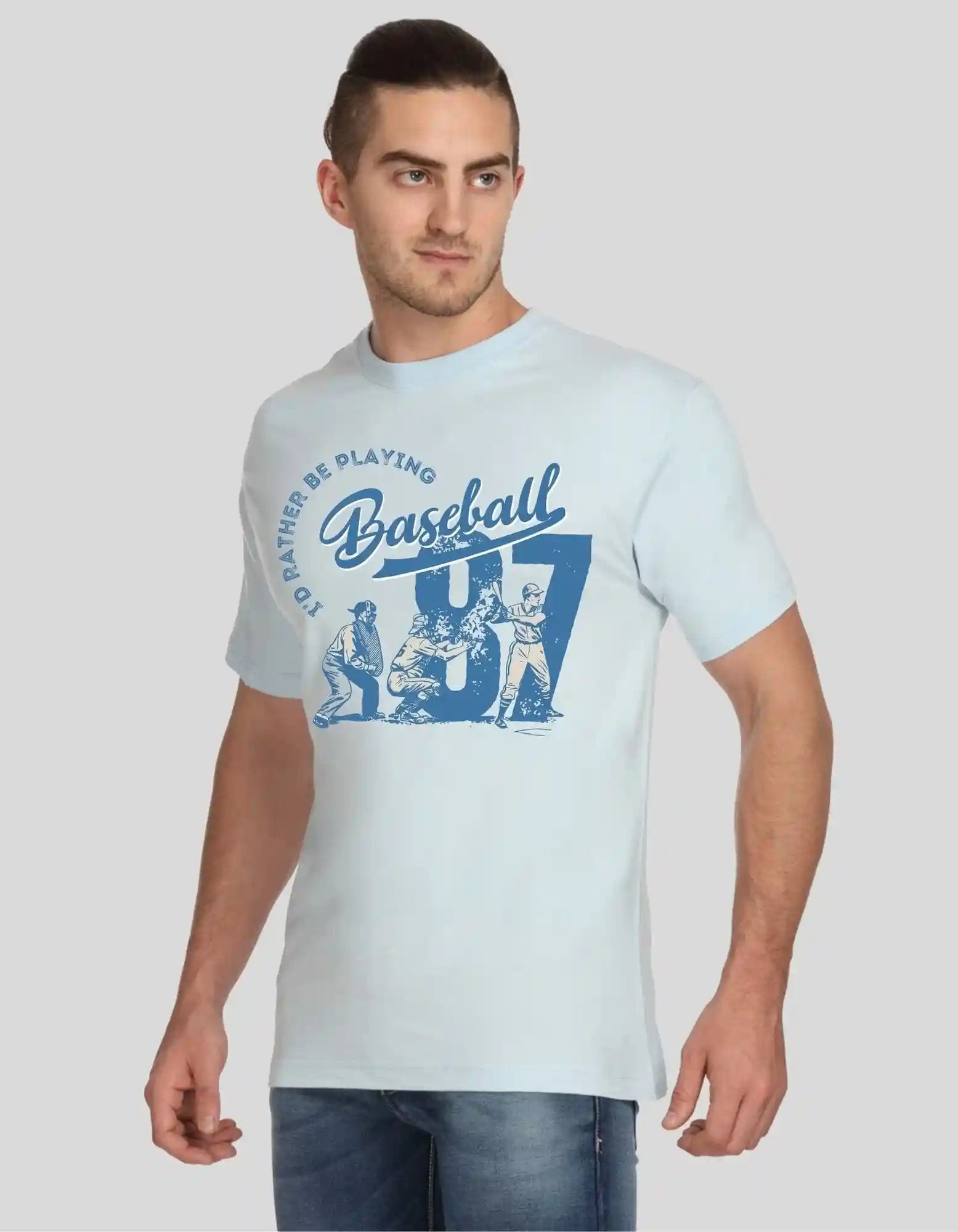 Men’s Light Blue Baseball Print T-Shirt – Coastal Vibes & Casual Comfort | Buy Online at  Boer and Fitch