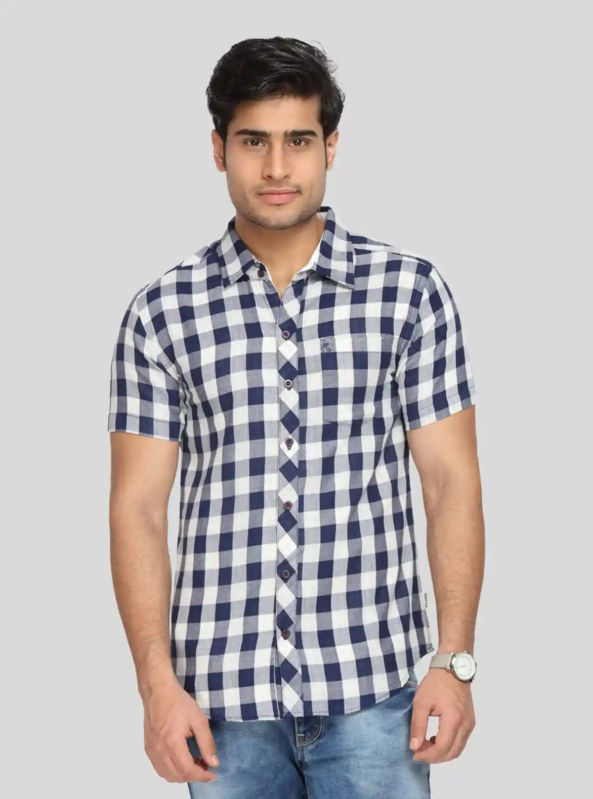 Men's Navy Broad Checked Half Sleeve Shirt – Cool, Casual & Summer-Ready | Buy Online at  Boer and Fitch