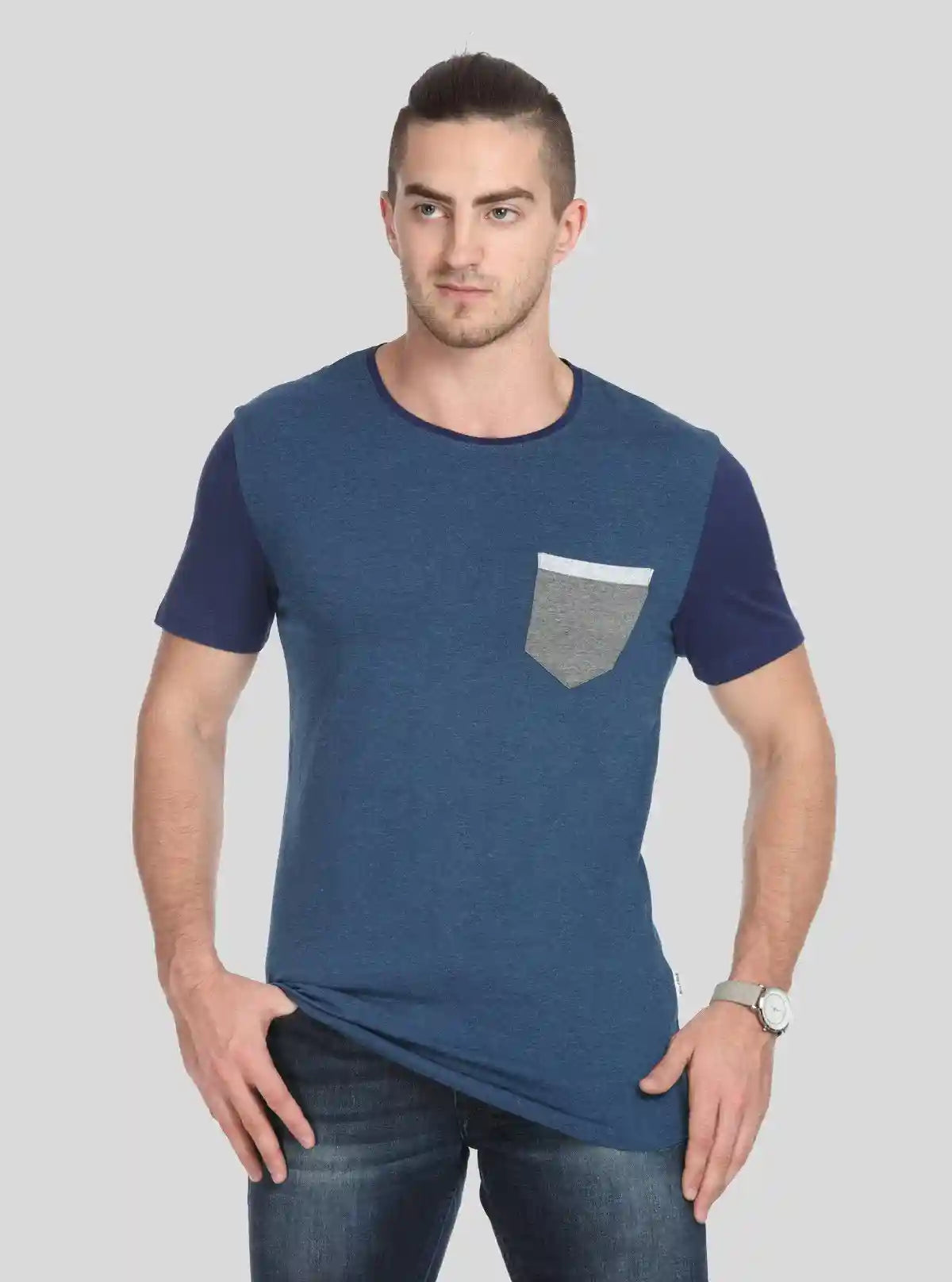 Men’s Navy Contrast Sleeve T-Shirt with Patch Pocket – Smart Casual Wear | Buy Online at  Boer and Fitch