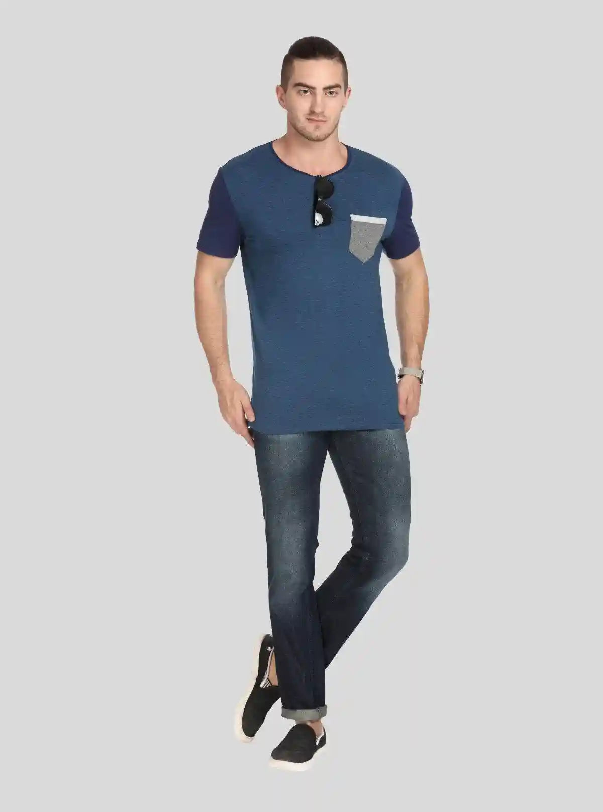 Men’s Navy Contrast Sleeve T-Shirt with Patch Pocket – Smart Casual Wear | Buy Online at  Boer and Fitch