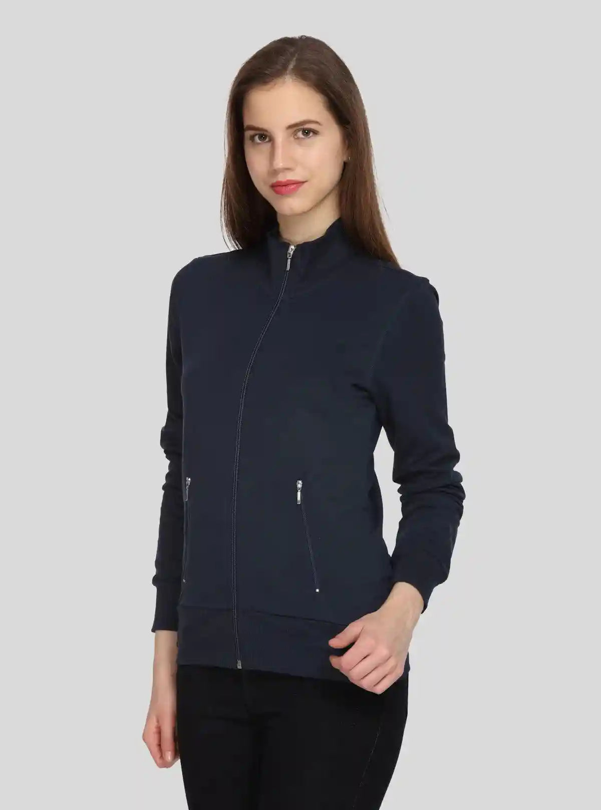Women’s Blue Full Sleeve Cotton Fleece Zipper Sweatshirt by Boer & Fitch | Buy Online at  Boer and Fitch