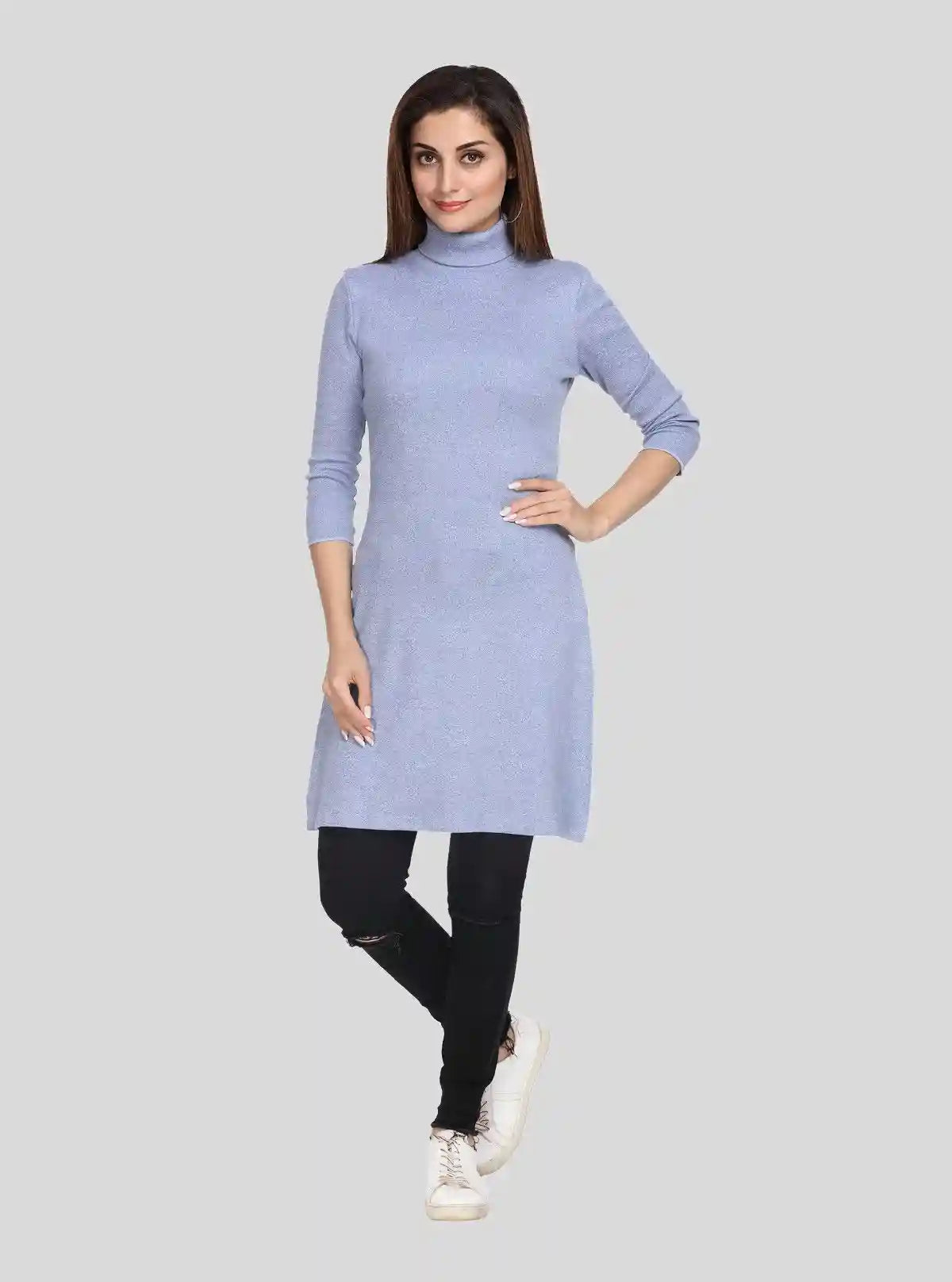 Women's Blue Melange High Neck Long Sleeve Ribbed Cotton Dress | Buy Online at  Boer and Fitch