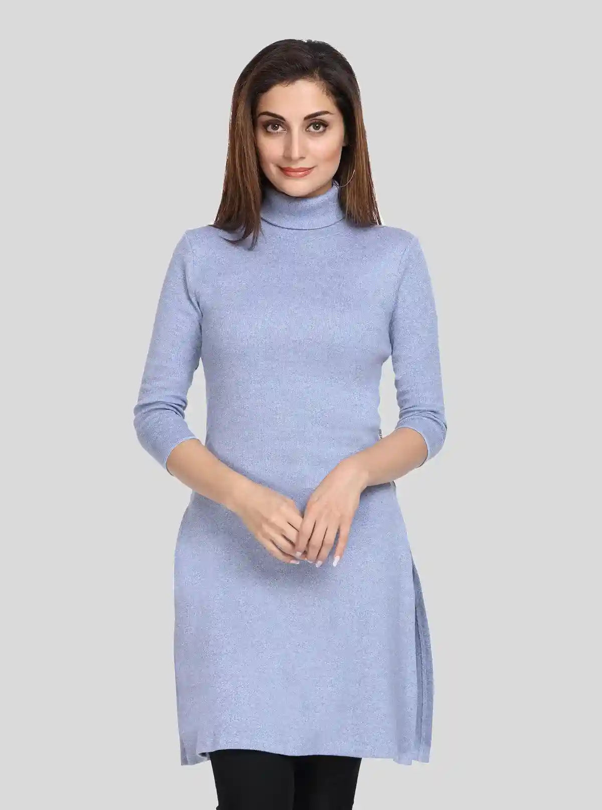 Women's Blue Melange High Neck Long Sleeve Ribbed Cotton Dress | Buy Online at  Boer and Fitch