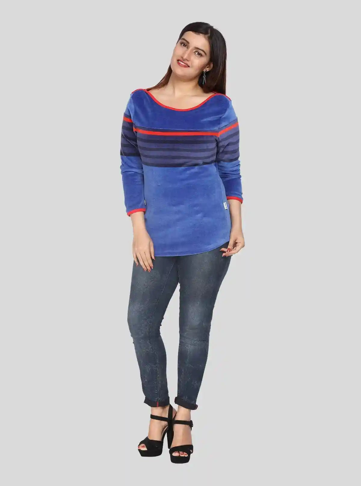 Women’s Ink Blue Engineered Stripe Sweat Top with Boat Neck – Cotton Blend | Buy Online at  Boer and Fitch