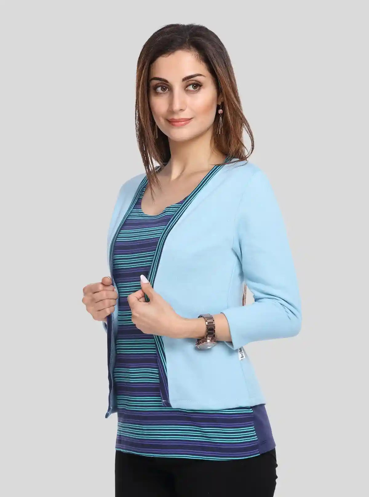 Women's Light Blue Cotton Shrug with Navy Striped Inner Top Set – Boer and Fitch | Buy Online at  Boer and Fitch