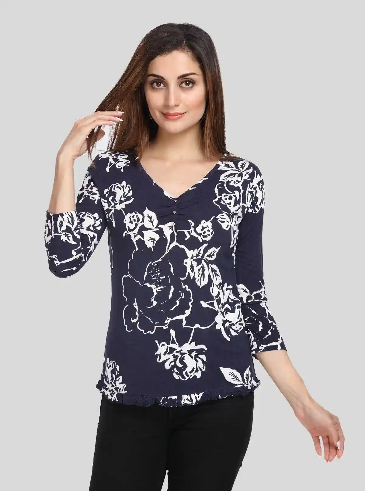 Women's Navy Artistic Floral Top – Elegant Style with Creative Flair | Buy Online at  Boer and Fitch