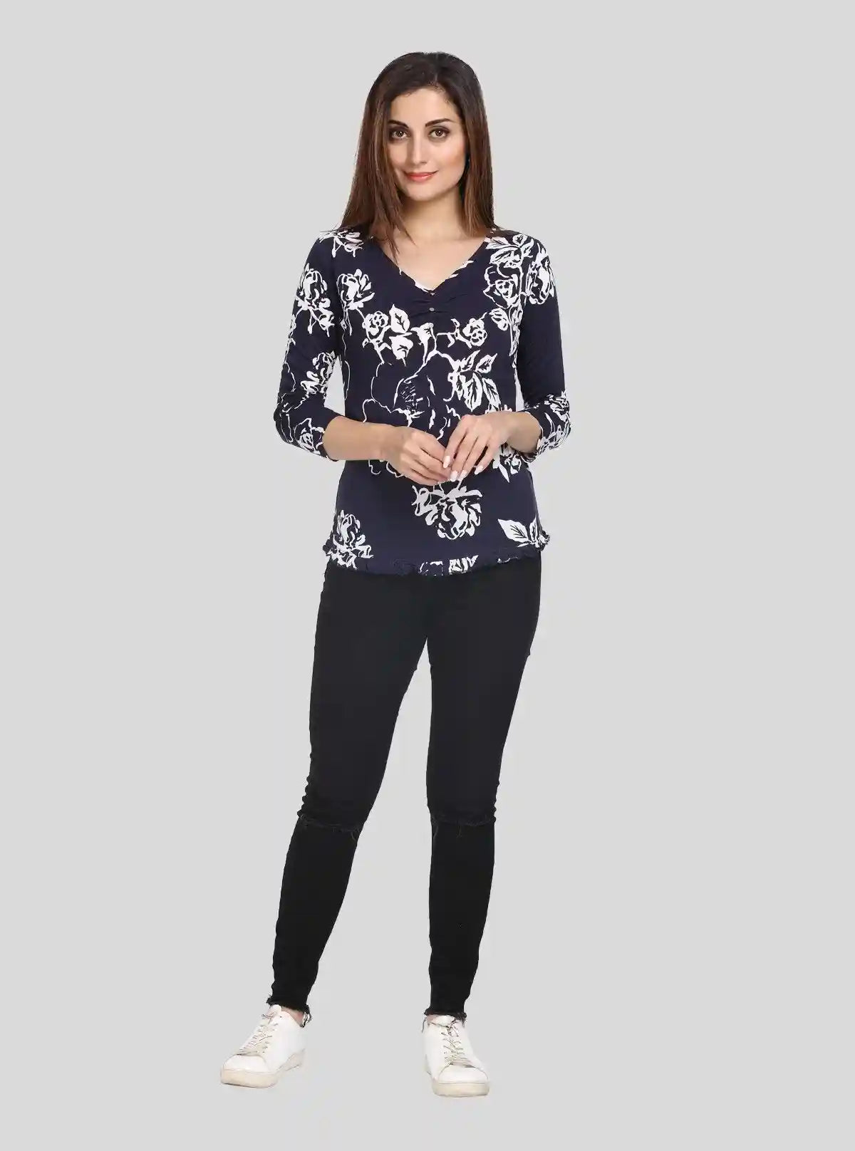 Women's Navy Artistic Floral Top – Elegant Style with Creative Flair | Buy Online at  Boer and Fitch
