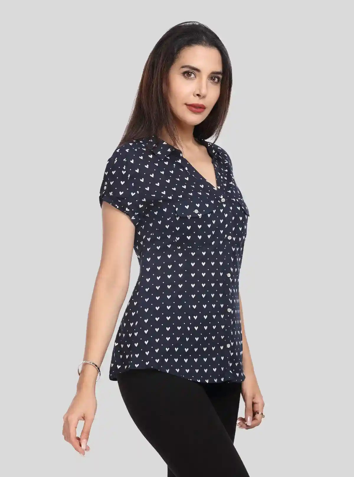 Women’s Navy Blue Heart Print Short Sleeve Shirt by Boer and Fitch | Buy Online at  Boer and Fitch