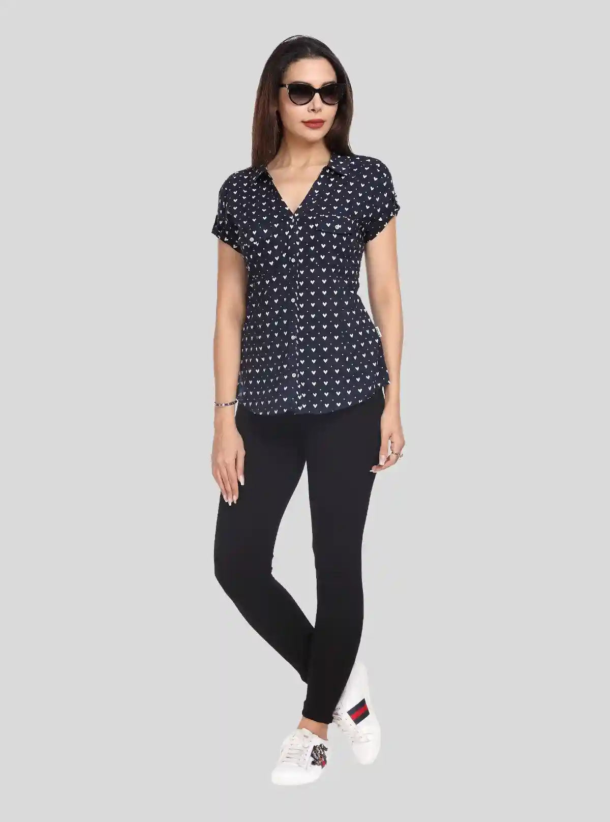 Women’s Navy Blue Heart Print Short Sleeve Shirt by Boer and Fitch | Buy Online at  Boer and Fitch