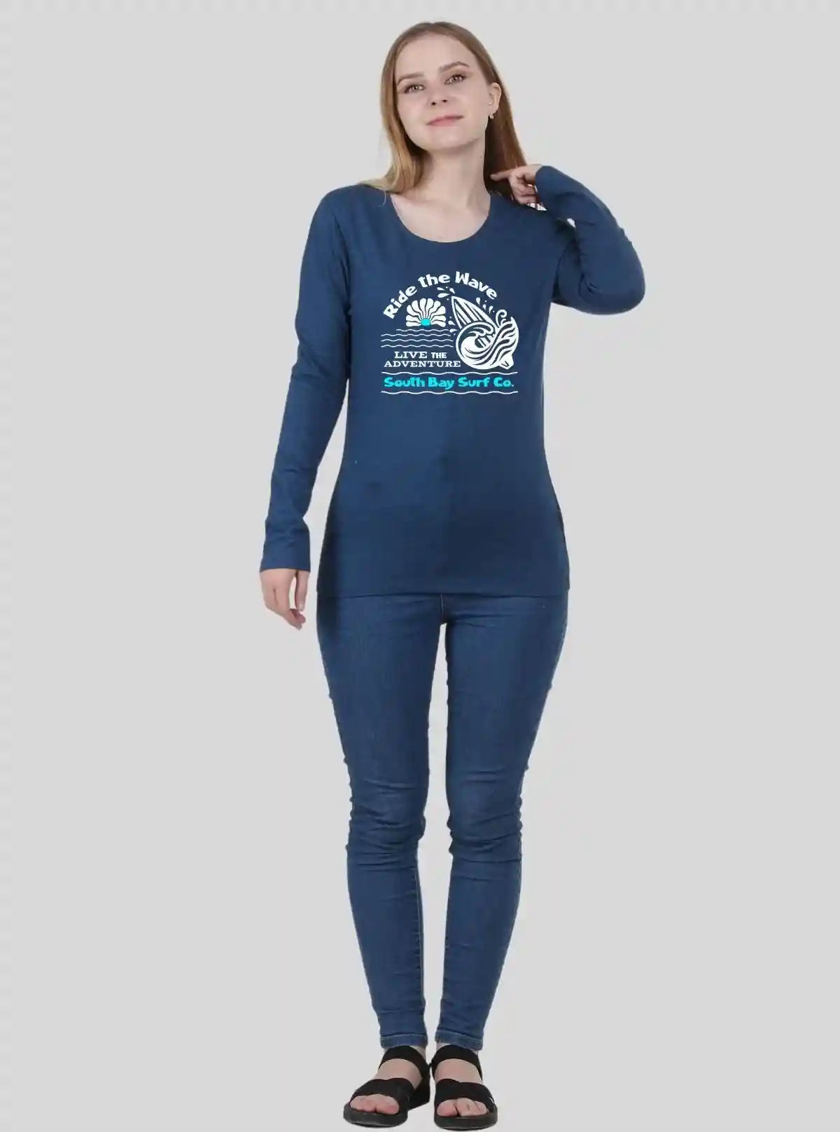 Women's Prussian Blue Crew Neck Wave Print Cotton Jersey Long Sleeve T-Shirt by Boer and Fitch | Buy Online at  Boer and Fitch