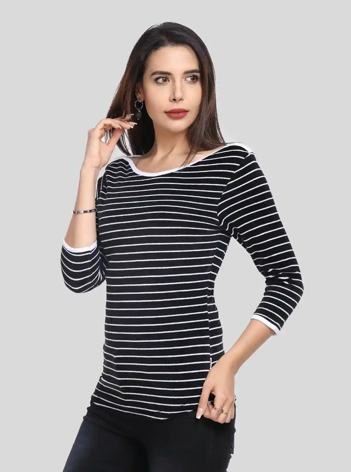 Women’s Segments Navy Stripe Velour Sweat Top in Cotton-Poly Blend | Buy Online at  Boer and Fitch