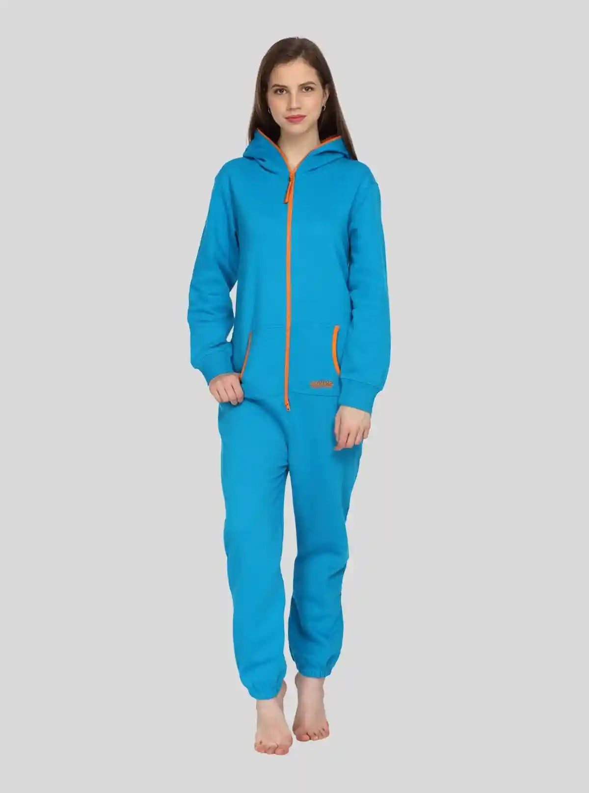 Women’s Blue Hooded Jumpsuit in Organic Cotton & Recycled Poly Blend | Buy Online at  Boer and Fitch
