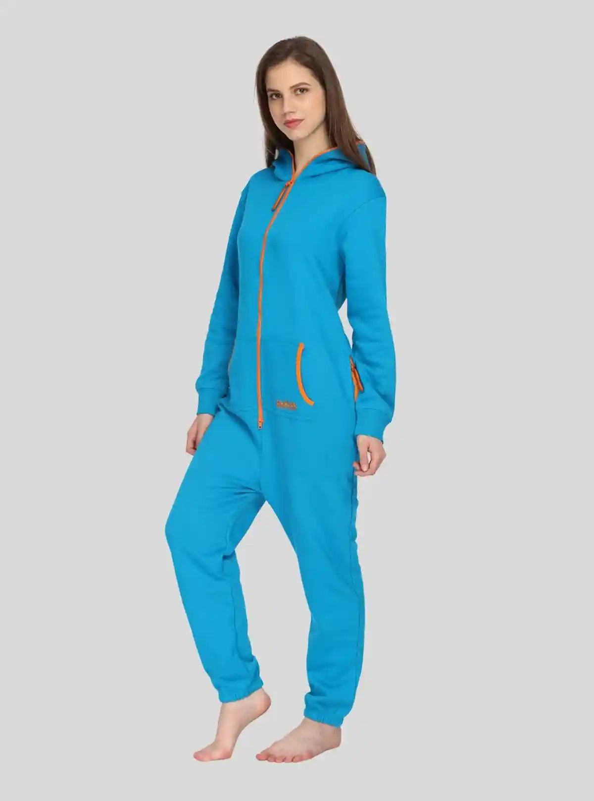Women’s Blue Hooded Jumpsuit in Organic Cotton & Recycled Poly Blend | Buy Online at  Boer and Fitch