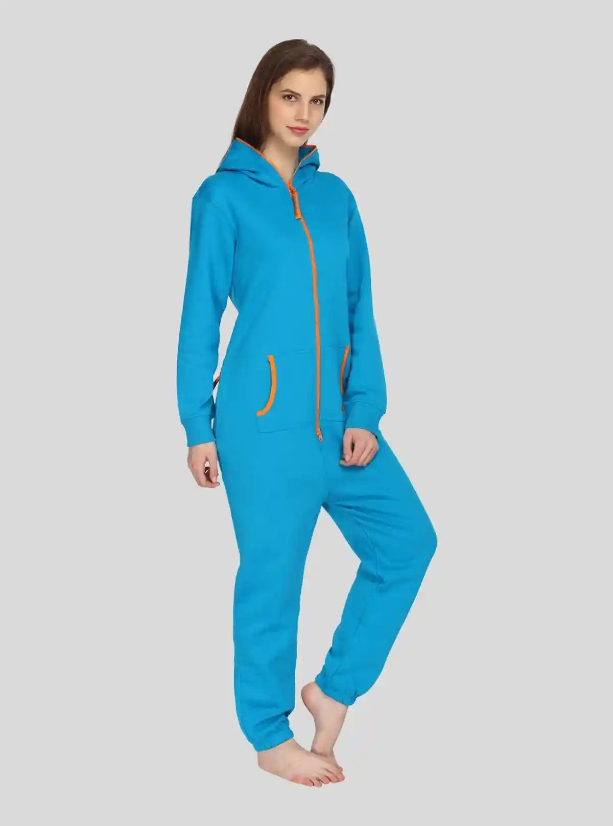 Women’s Blue Hooded Jumpsuit in Organic Cotton & Recycled Poly Blend | Buy Online at  Boer and Fitch
