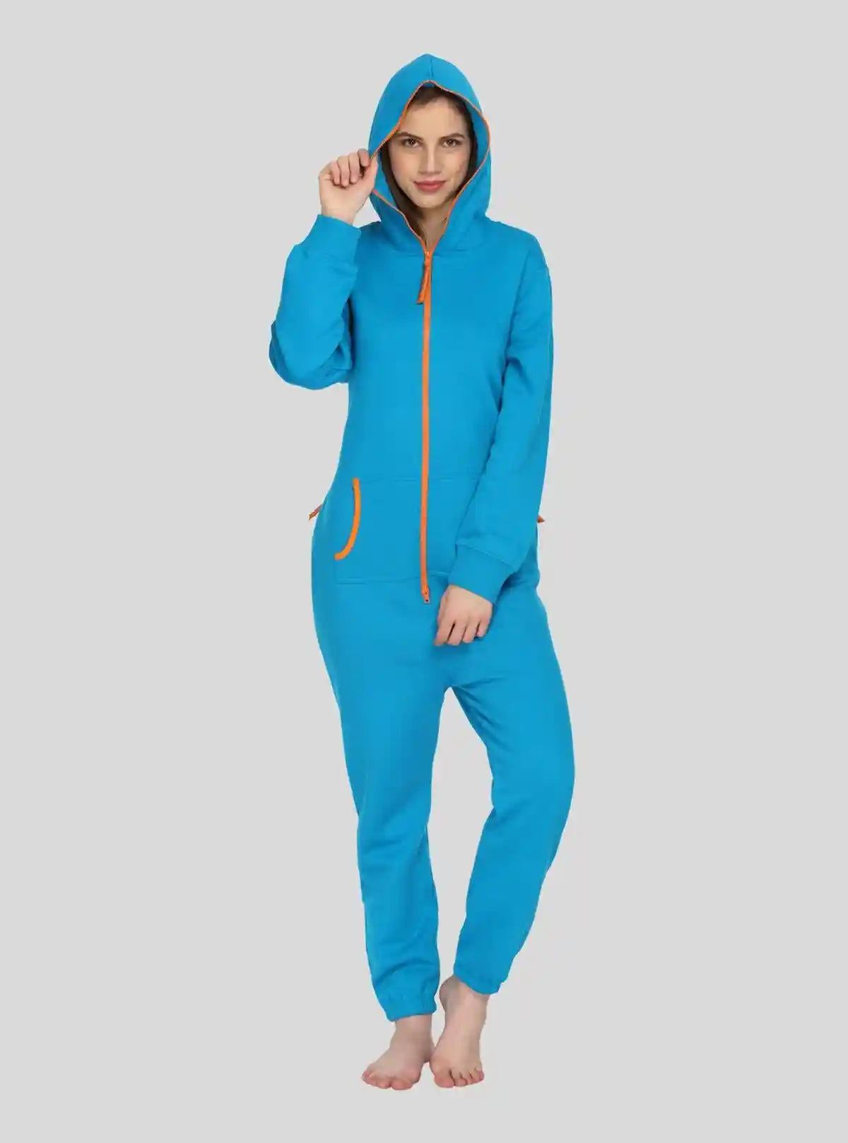 Women’s Blue Hooded Jumpsuit in Organic Cotton & Recycled Poly Blend | Buy Online at  Boer and Fitch