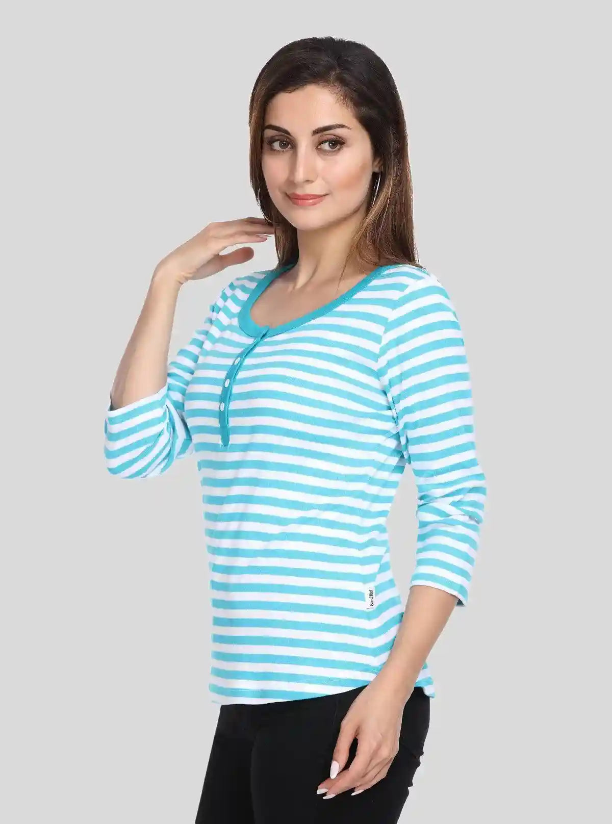 Women's Turquoise Striped Scoop Neck Top with Front Button | Boer & Fitch | Buy Online at  Boer and Fitch