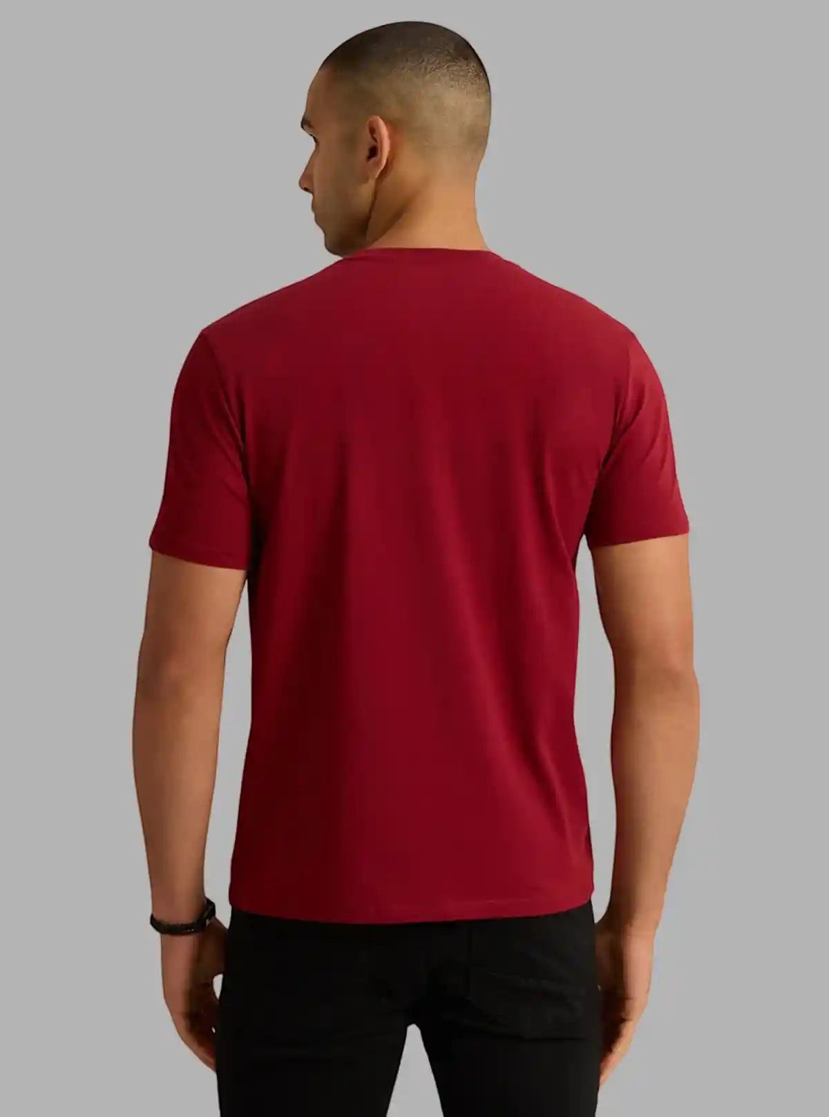 Boer and Fitch men's burgundy 100% cotton crew neck t-shirt with a graphic print on the back.