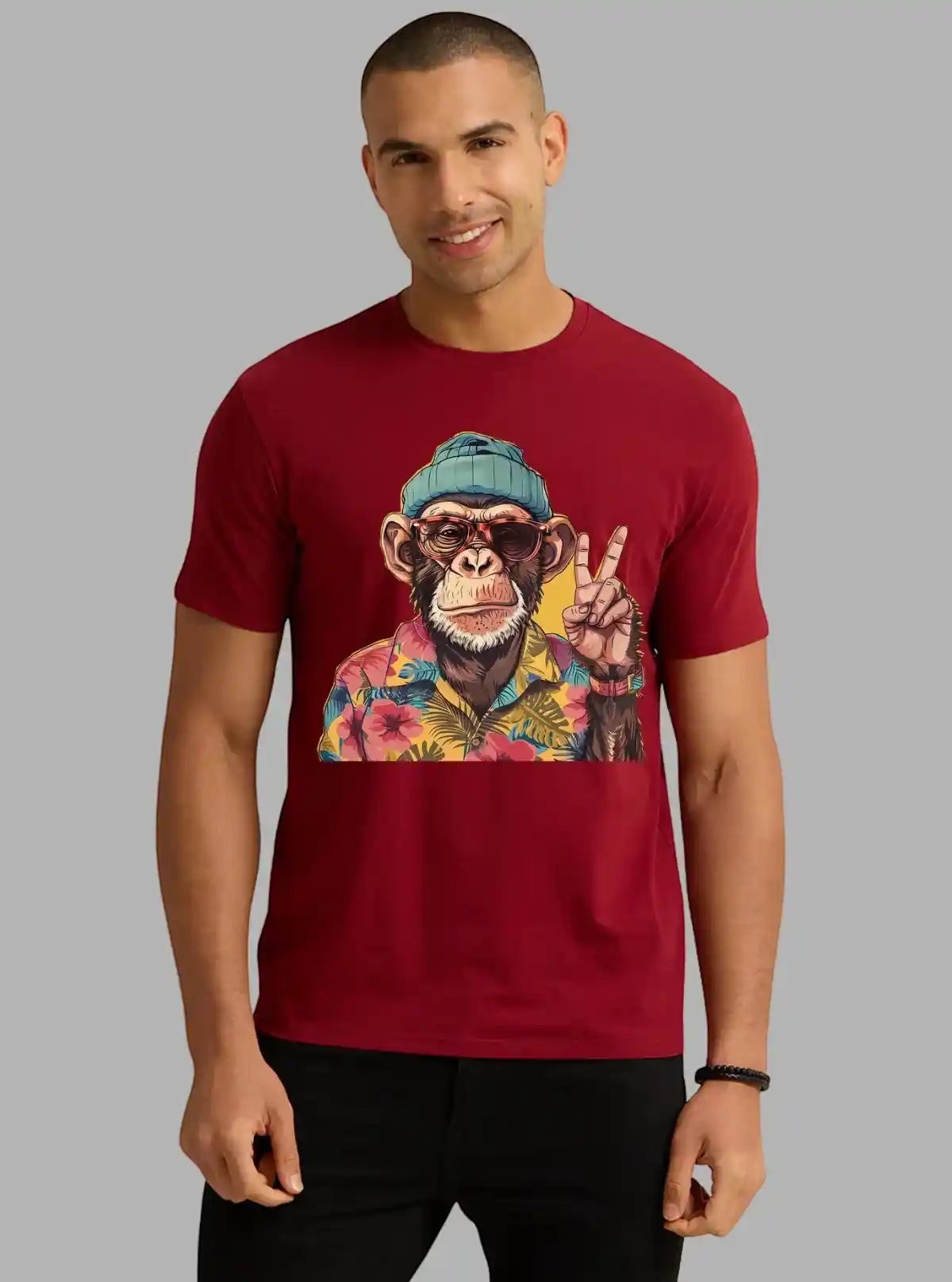 Boer and Fitch men's burgundy 100% cotton t-shirt with a graphic print of a monkey wearing sunglasses and a Hawaiian shirt, giving a peace sign.