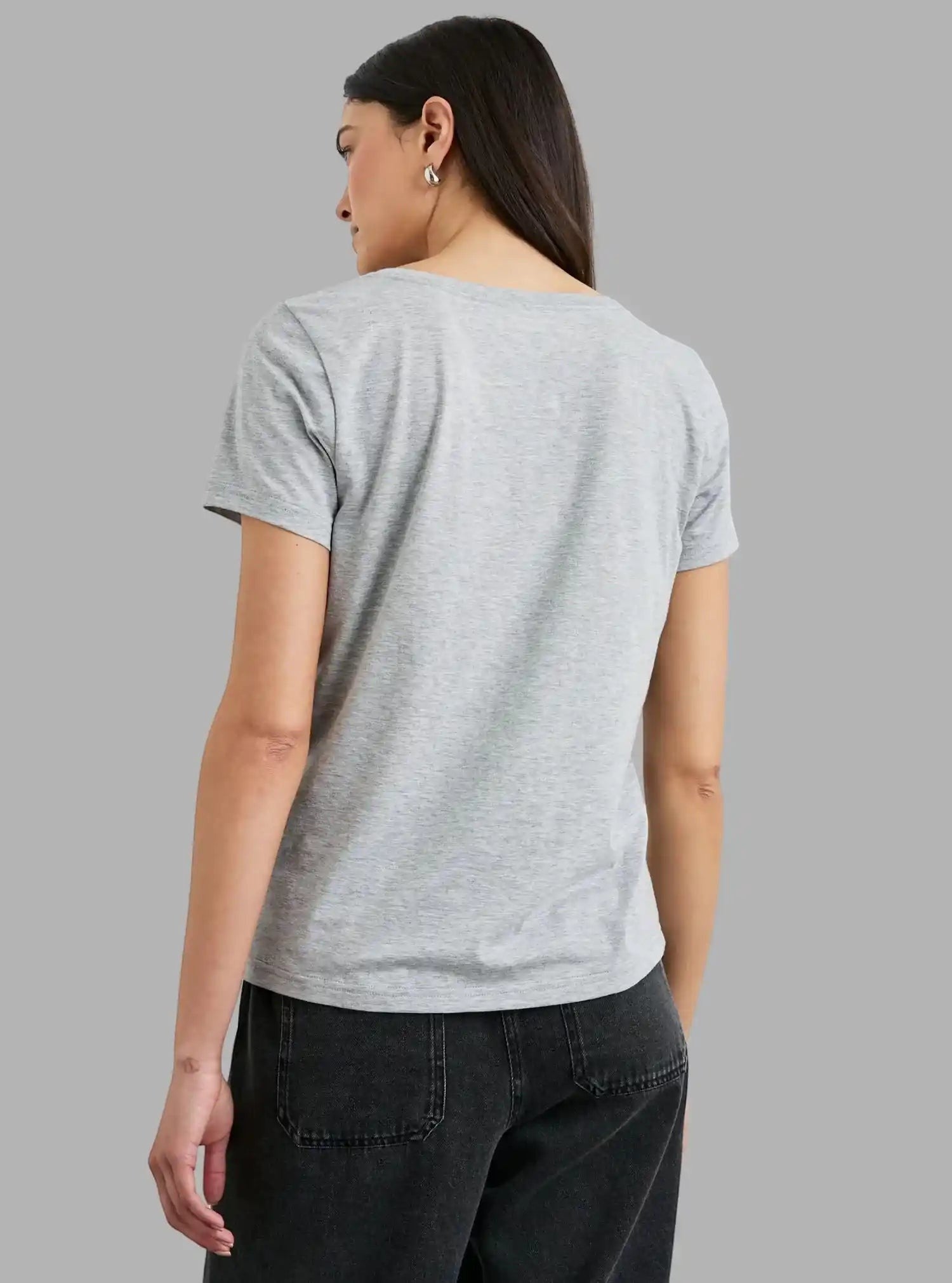 Boer and Fitch women's grey melange cotton jersey t-shirt with short sleeves and crew neck, featuring a subtle chest print.