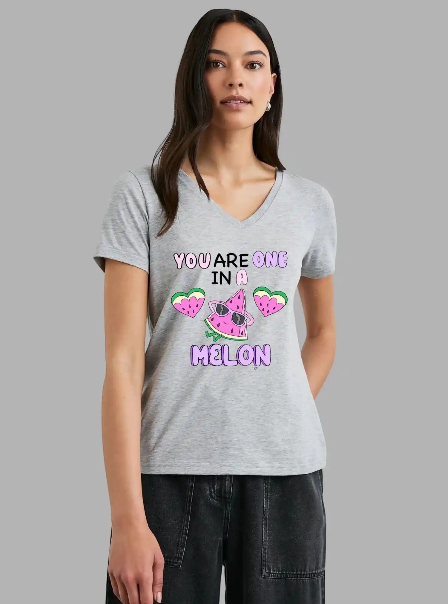 Boer and Fitch women's grey melange cotton jersey v-neck t-shirt with a fun watermelon graphic print.