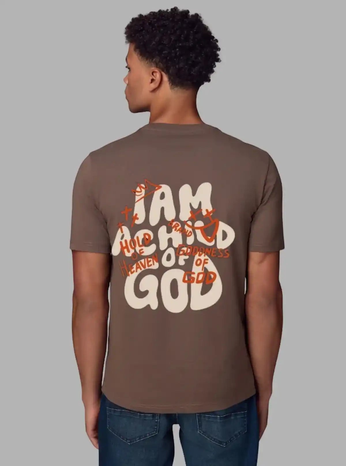 Boer & Fitch men's brown 100% cotton crew neck t-shirt with a large cream and orange graphic print on the back.