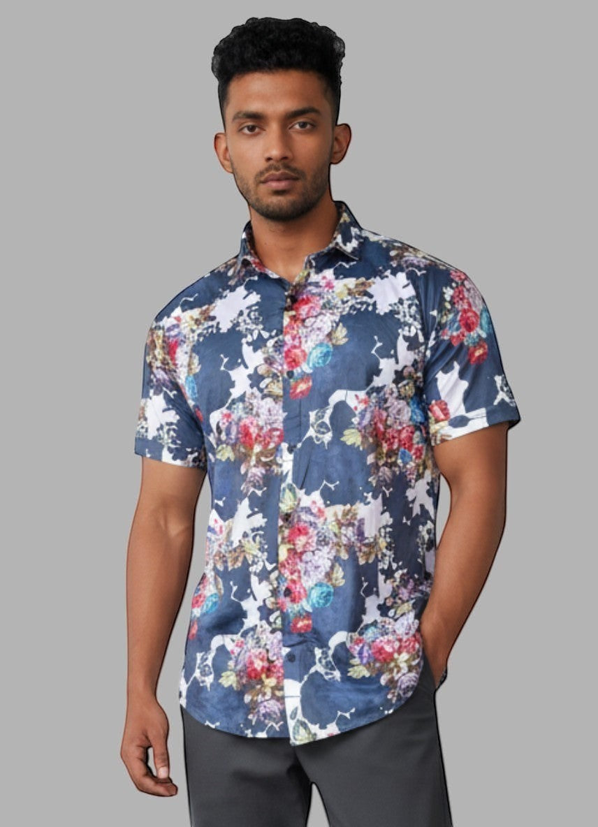 Boer & Fitch men's short sleeve shirt with a bold multicolor floral print on a navy and white background. Poly spun fabric.