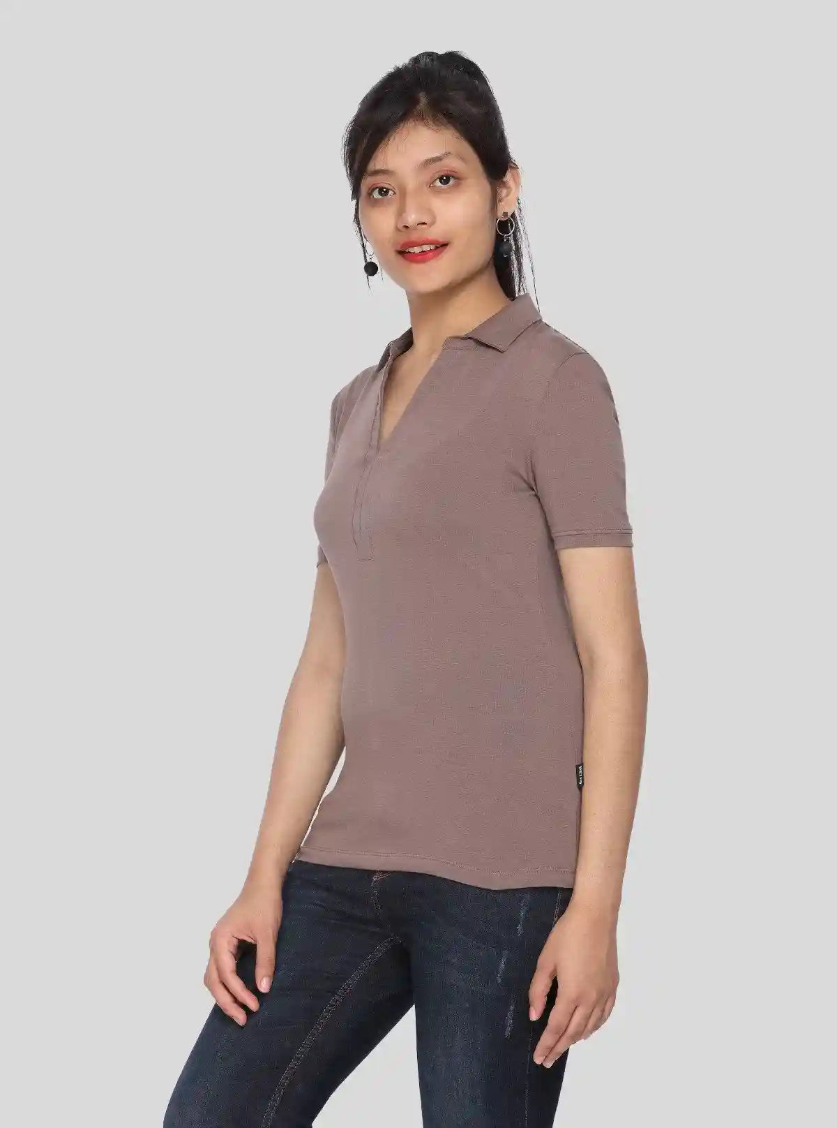 Women’s Brown Polo Collar Cotton Elastane Short Sleeve Top | Boer & Fitch | Buy Online at  Boer and Fitch