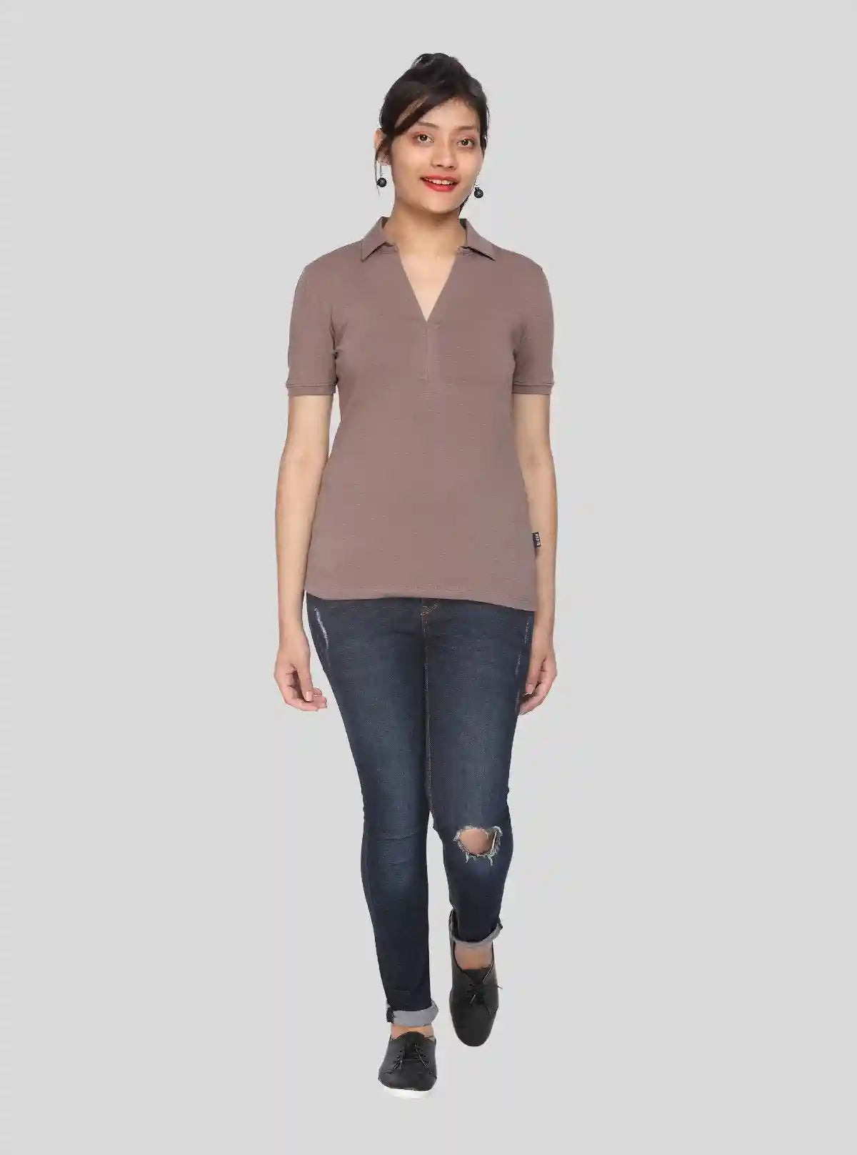 Women’s Brown Polo Collar Cotton Elastane Short Sleeve Top | Boer & Fitch | Buy Online at  Boer and Fitch