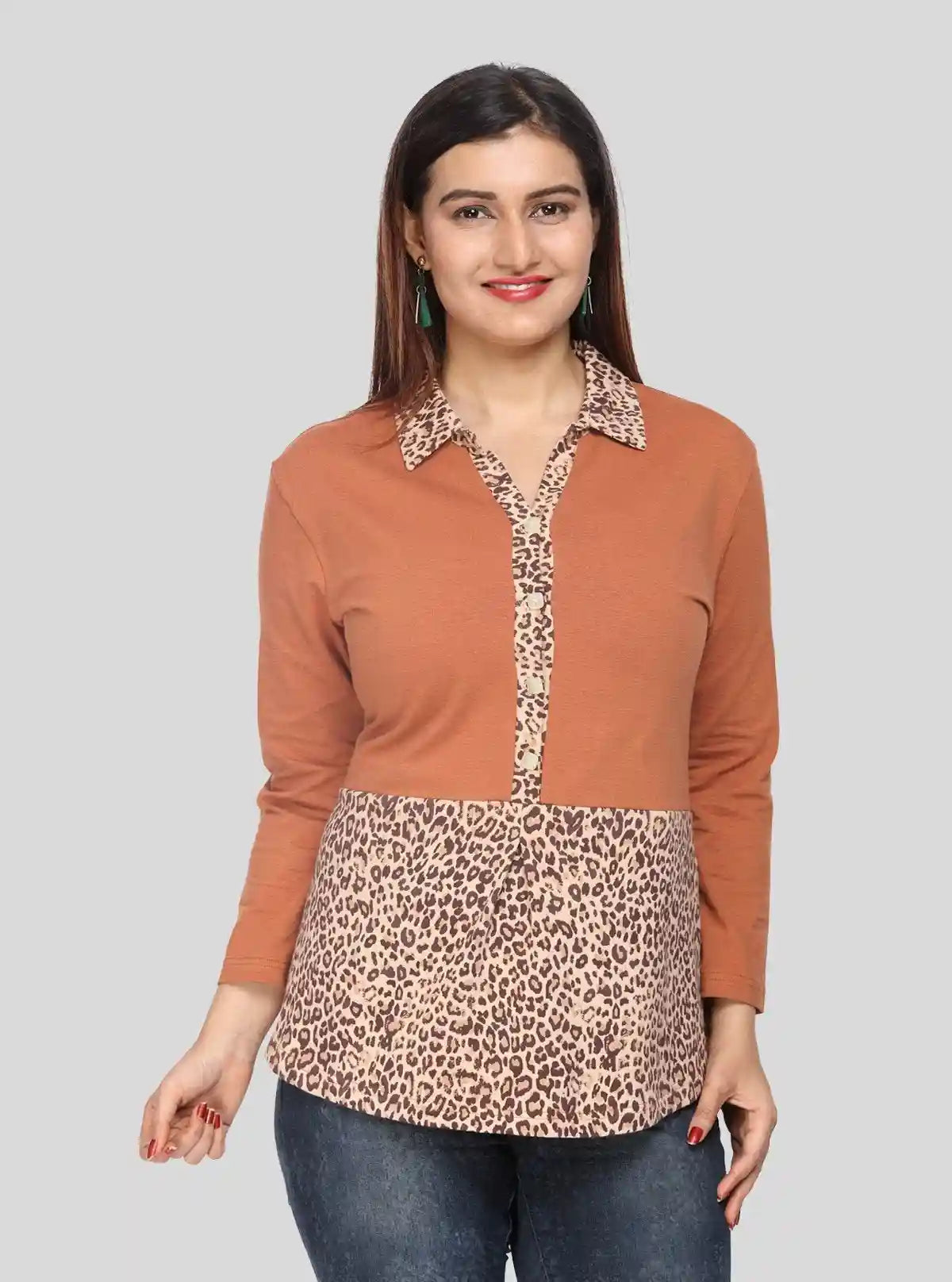 Women's Dusted Brown Cheetah Print Collared Neck Cotton Jersey Top with Long Sleeves | Boer & Fitch | Buy Online at  Boer and Fitch