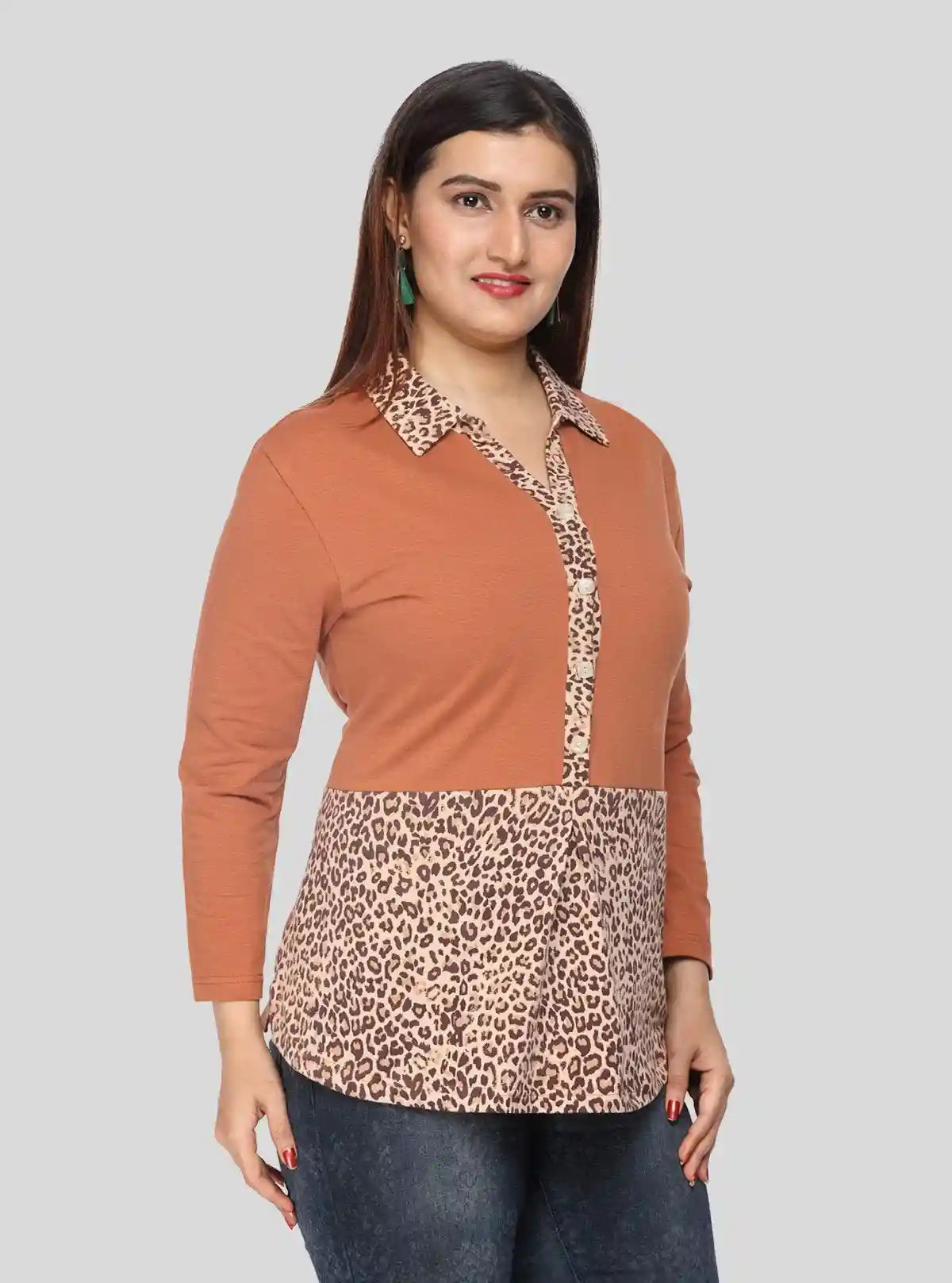 Women's Dusted Brown Cheetah Print Collared Neck Cotton Jersey Top with Long Sleeves | Boer & Fitch | Buy Online at  Boer and Fitch