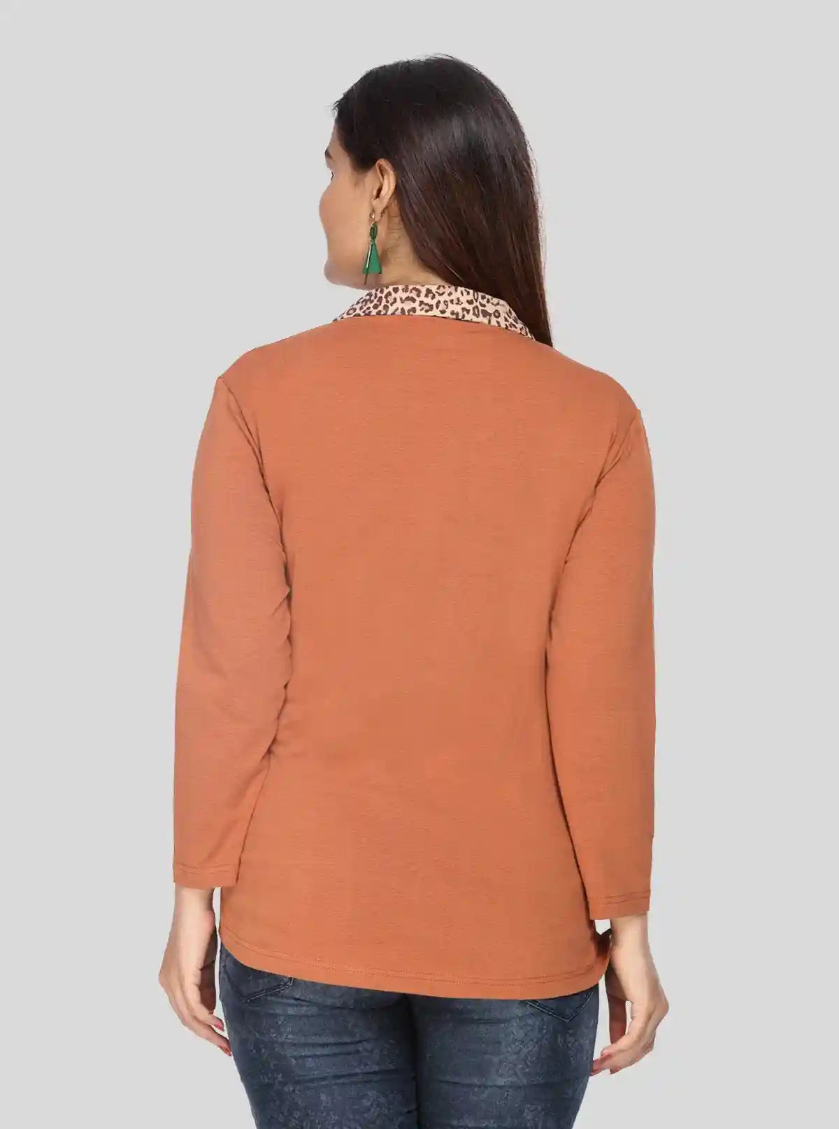Women's Dusted Brown Cheetah Print Collared Neck Cotton Jersey Top with Long Sleeves | Boer & Fitch | Buy Online at  Boer and Fitch