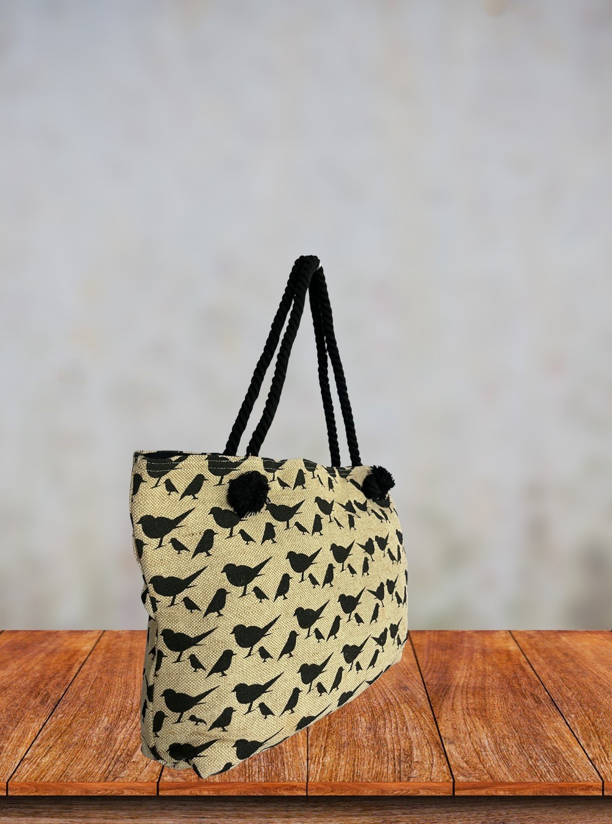 Canvas Bird Printed Cotton Bag with Black Handle – Eco - Friendly Shopping Tote - Boer and Fitch
